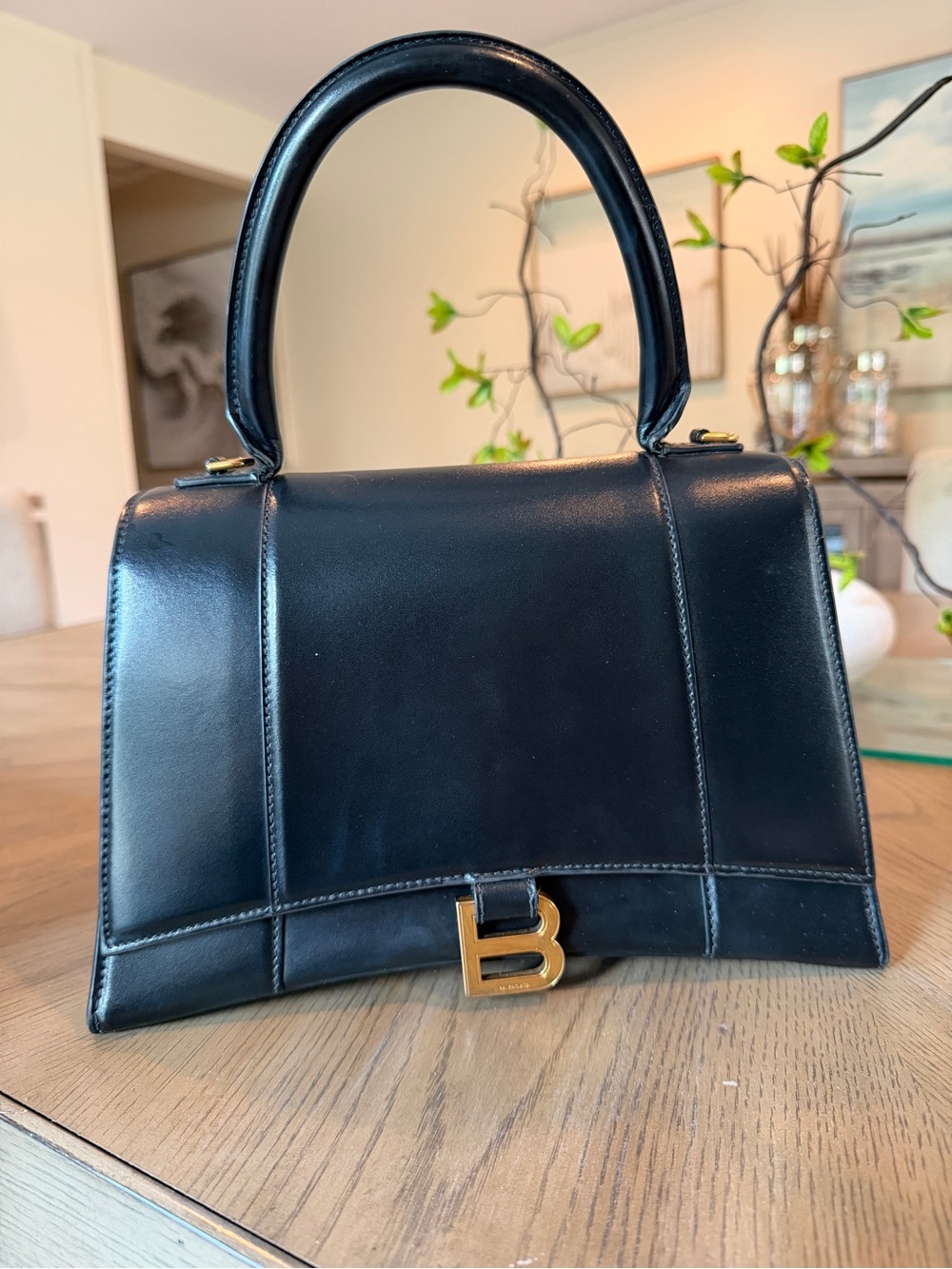 Balenciaga Black Leather Top-Handle Satchel with Gold 'B' Logo